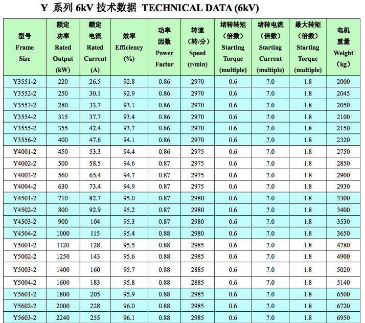 Y6kV中型高壓電機技術數(shù)據(jù)1